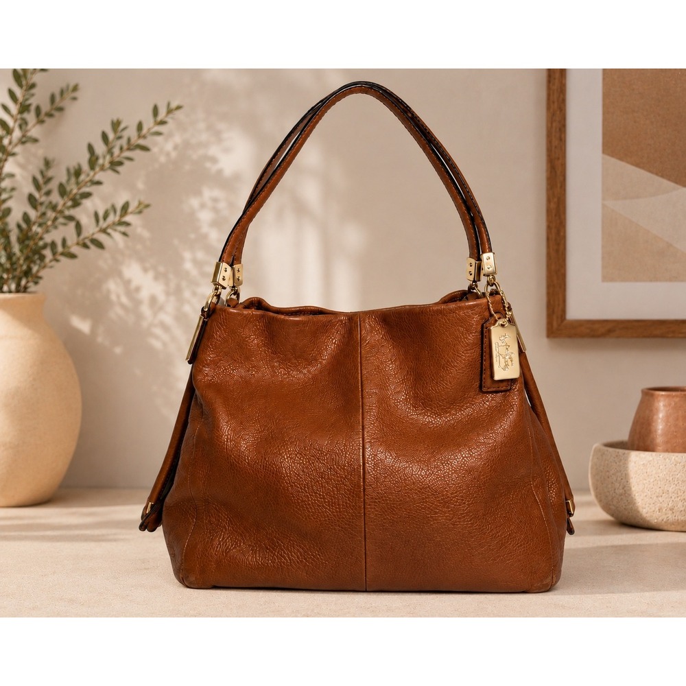 Coach Madison Phoebe Cognac Brown Pebbled Leather Shoulder Bag Large Tote Hobo